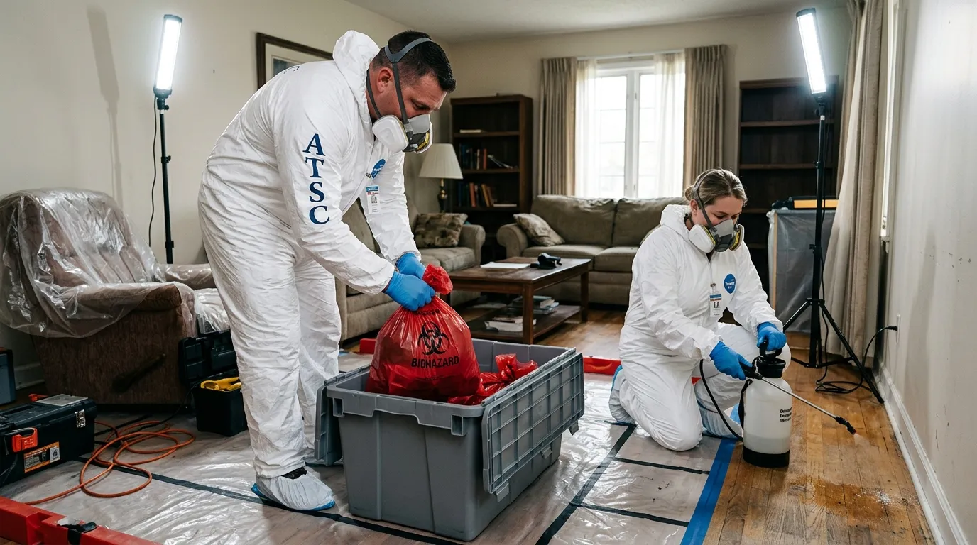 Professional Biohazard Cleanup technician in full PPE working in Maryland Heights